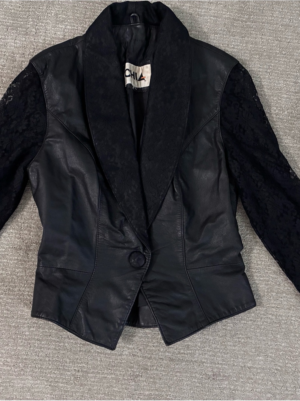 Vintage Black Leather Blazer jacket with Lace Sleeves CHIA XS/S